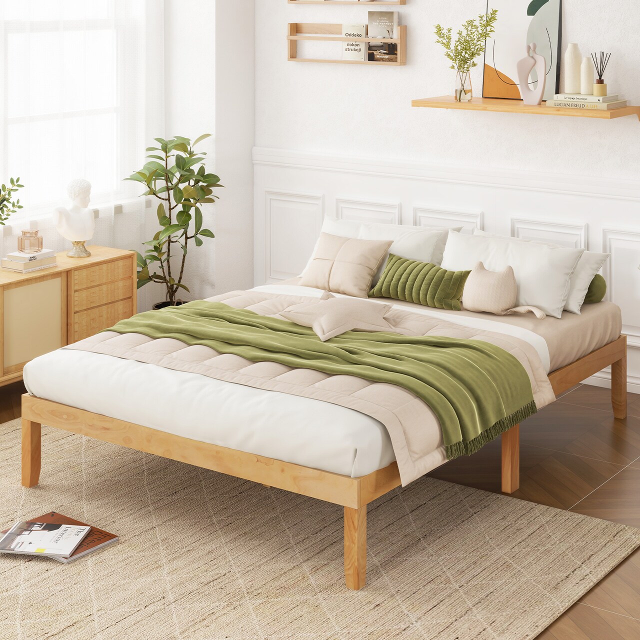 Queen Size Platform Bed Frame with Slats Support and Rubber Wood Legs